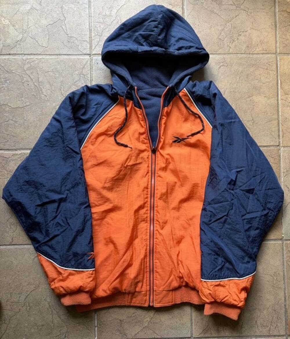 Vintage Reebok Reversible Jacket Navy Blue Orange Hooded Windbreaker Y2K Large